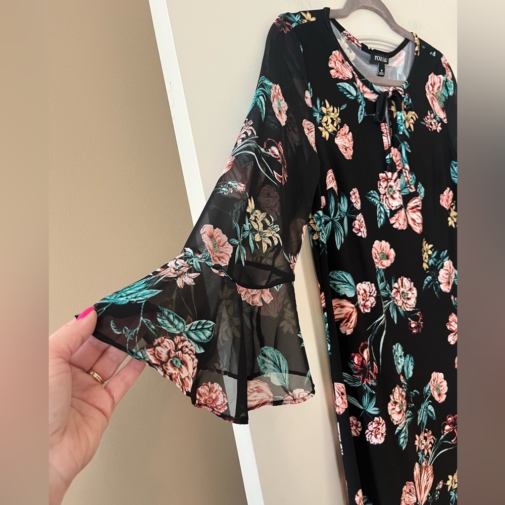 Roz & Ali Black Floral Tie-Front, Sheer Long Sleeve Dress Women’s Size Medium - Picture 7 of 15